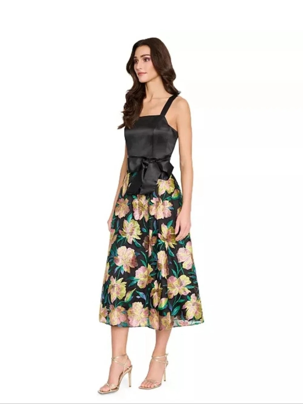Tahari Black Satin Bodice Floral Midi Skirt